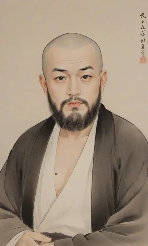 8k, masterpiece, best quality, (traditional chinese ink painting:0.3), looking at viewer,
1 chinese Rough buddhist monk, (A broad beard:1.3) face, (single eyelid), (despise:1.2), no hair, (small mouth:1.4),
ink, <lora:watercolor-ink-sketch-v1:0.3>