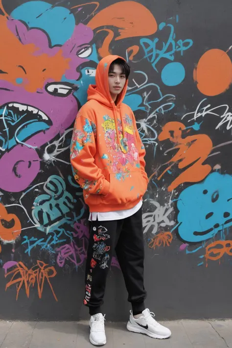 Pop Art style, art of masterpiece, high quality, Extreme details, Clear facial features,Backlight, 1man, Dim scene, Complex and messy street fluorescent graffiti on the wall, Face the viewer, full body, Hip-Hop Style, Splashed paint_dynamic angle, Demonic smile, Cool and fashionable hoodies, Hands in pockets,Visual impact,Spotlight, American caricature painting style,contour deepening,comic, Bright colors, bold outlines, popular culture themes, ironic or kitsch