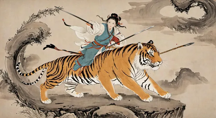 8k, masterpiece, best quality, 2D, 1warrior with a lot of weapon is riding a Tiger,
traditional chinese ink painting,
simple background,<lora:watercolor-ink-sketch-v1:0.4>