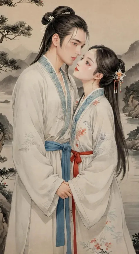masterpiece, best quality, highly detailed, sharp focus, dynamic lighting, vivid colors, texture detail, particle effects, storytelling elements, narrative flair, 16k, HDR, subject-background isolation, 2D, (Authentic skin texture:1.3), traditional chinese ink painting,
1 perfect face girl BREAK 1 handsome face boy , the boy have a long hair, they are weared white chinese traditional (transparent:1.2)_clothing, the boy was stand up at same height level side of the girl, the boy's hand is holding the girl's hand, perfect hands, (the boy is (kissing:1.6) the girl:1.2), background is sea, (they are looked at each other:1.4)
ink, <lora:watercolor-ink-sketch-v1:0.2>