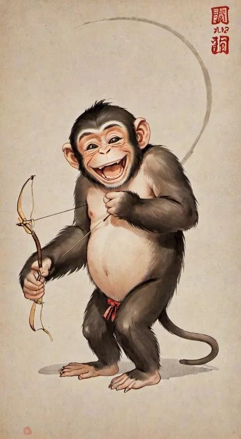 8k, masterpiece, best quality, 2D, 1 (Lewd laugh:1.7) monkey is holding a Bow,
(traditional chinese ink painting:0.3),
simple background,<lora:watercolor-ink-sketch-v1:0.4>