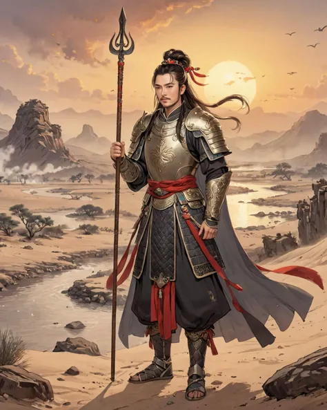 (side lighting),8k,best quality,
background is Ancient battlefield,(desert:1.8),(sunset shimmer:1.2),(river:1.2),(mist:1.2),(A black smoke rises from the ground into the sky:1.8),some Dead bodies were scattered everywhere,bone of man in floor,
A general,goatee,long hair,topknot,full body,perfect face,looking up at sky,(perfect hand,:1.2),hand up,he is holding a spear,he was weared chinese_armor,
ink,Menggujia,<lora:CHINESE_ARMOR:0.8>,<lora:Ink_and_watercolor_sketch:0.4>,