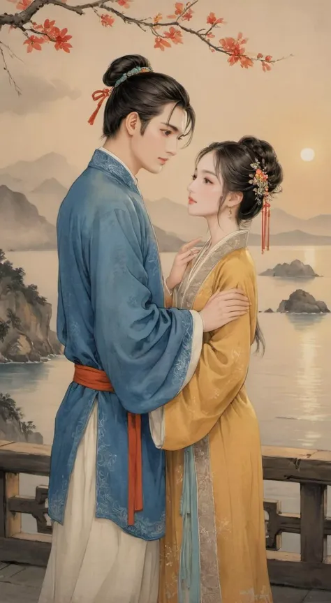 masterpiece, best quality, highly detailed, sharp focus, dynamic lighting, vivid colors, texture detail, particle effects, storytelling elements, narrative flair, 16k, HDR, subject-background isolation, 2D, (Authentic skin texture:1.3), traditional chinese ink painting,
1 girl with perfect face, 1 boy with handsome face, the boy was stand up at side of the girl same height level, the boy's hand is holding the girl's hand, perfect hands, the boy is kissing the girl, background is sea,