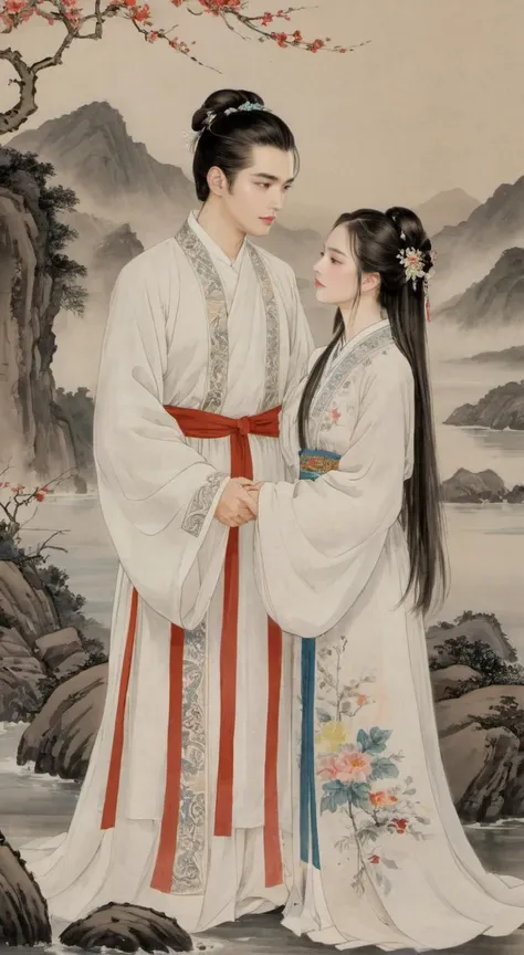 masterpiece, best quality, highly detailed, sharp focus, dynamic lighting, vivid colors, texture detail, particle effects, storytelling elements, narrative flair, 16k, HDR, subject-background isolation, 2D, (Authentic skin texture:1.3), traditional chinese ink painting,
1 girl with perfect face, 1 boy with handsome face, the boy have a long hair, the girl is wearing white chinese traditional (transparent:1.2) clothing, the boy was stand up at same height level side of the girl, the boy's hand is holding the girl's hand, perfect hands, (the boy is kissing the girl:1.2), background is sea, (they are looked at each other:1.4)
ink, <lora:watercolor-ink-sketch-v1:0.2>