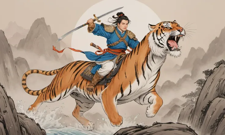 8k, masterpiece, best quality, 2D, (traditional chinese ink painting:0.2),
1 perfect face warrior, 1 warrior with a lot of weapon is riding a Tiger which is jumping higher,
simple background,