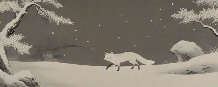 8k, masterpiece, best quality, 2D, traditional chinese ink painting, looking at viewer, focal length is 17mm,
1 (white:1.2)_fox with white big tail, the fox is at the corner of the screen,
background is many snow, white Snowflakes fall, col, night, (sky:1.2),
ink, <lora:watercolor-ink-sketch-v1:0.4>,