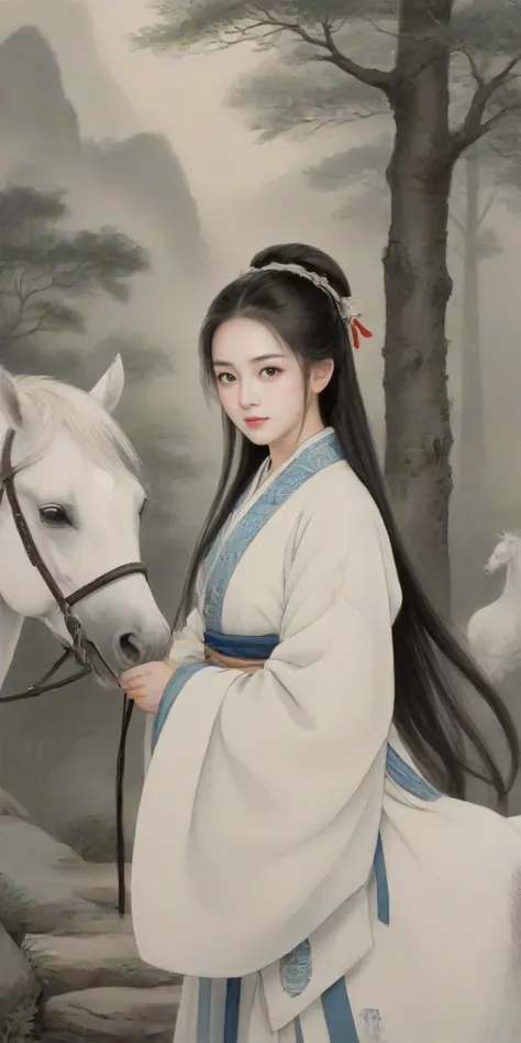 8k,masterpiece,best quality,(traditional chinese ink painting:0.3),looking at viewer,
1 chinese swordman,wuxia,( small eye:1.2),(smile:0.2),(long:0.4) chinese traditional hair,Hairpin,(small mouth:1.4),
cloudy forest,
white horse,
ink,<lora:watercolor-ink-sketch-v1:0.3>,