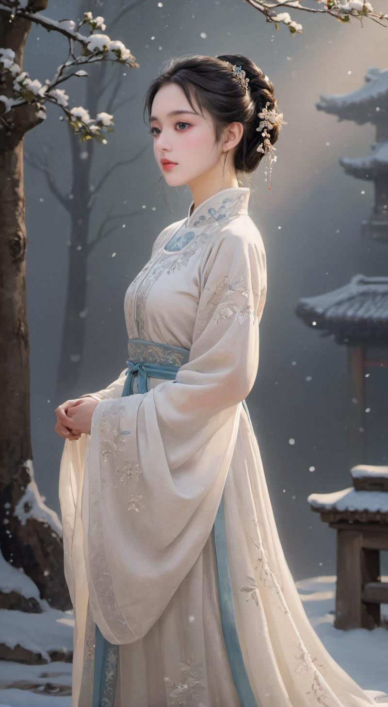 A woman in a white dress standing in the snow - SeaArt AI