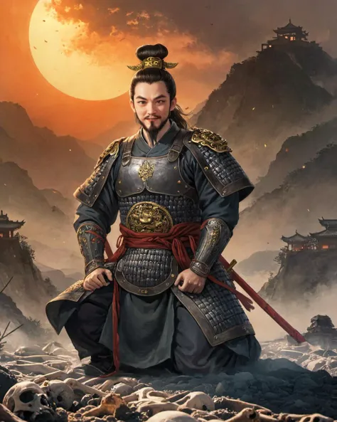 (dramatic_shadow:1.2), intense_deep_shadows, ray_tracing, Cinematic Lighting, (side lighting), 8k, best quality, (traditional chinese ink painting:0.8),
1 man, 30 years old, (evil laugh:1.6), A broad chin,perfect eye, looking at viewer, (beard:1.2),chinese hat topknot, half body, one kneel (Kneeling:1.4), (perfect hand:1.2), he was weared (damaged:1.3) chinese_armor, (perfect hand:1.4), his right hand is holding a sword On the thigh,
background is Ancient battlefield, (mist:1.6), (smoke:1.3), (rain:1.1), (flames was floated in the sky:1.2),( big sun:1.6),
ink, <lora:watercolor-ink-sketch-v1:0.2>, Qinjia, <lora:CHINESE_ARMOR:0.7>