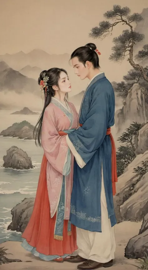 masterpiece, best quality, highly detailed, sharp focus, dynamic lighting, vivid colors, texture detail, particle effects, storytelling elements, narrative flair, 16k, HDR, subject-background isolation, 2D, (Authentic skin texture:1.3), traditional chinese ink painting,
1 girl with perfect face, 1 boy with handsome face, the boy was stand up at same height level side of the girl, the boy's hand is holding the girl's hand, perfect hands, the boy is kissing the girl, background is sea,