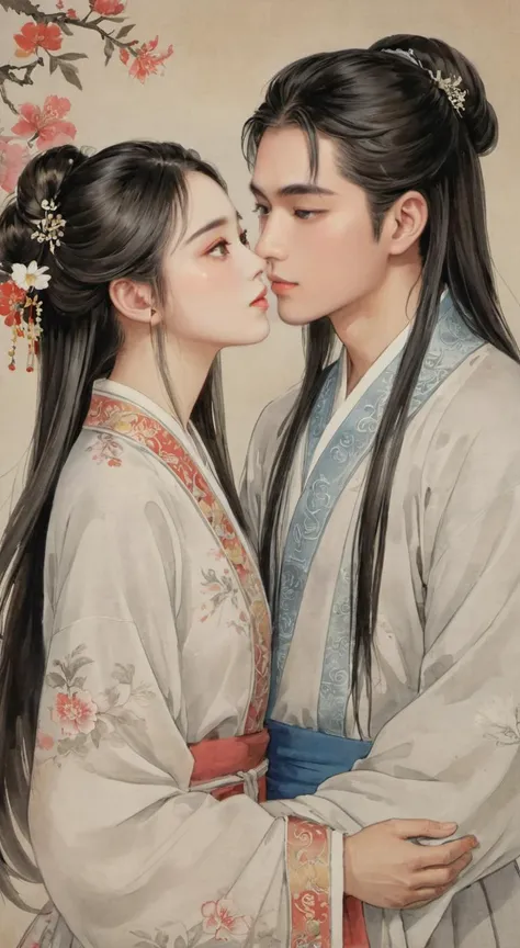 masterpiece, best quality, highly detailed, sharp focus, dynamic lighting, vivid colors, texture detail, particle effects, storytelling elements, narrative flair, 16k, HDR, subject-background isolation, 2D, (Authentic skin texture:1.3), traditional chinese ink painting,
1 perfect face girl BREAK 1 handsome face boy , the boy have a long hair, they all are weared white chinese traditional (transparent:1.2)_clothing, the boy was stand up at same height level side of the girl, the boy's hand is holding the girl's hand, perfect hands, (the boy is (kissing:1.6) the girl:1.2), background is sea, (they are looked at each other:1.4)
ink, <lora:watercolor-ink-sketch-v1:0.2>