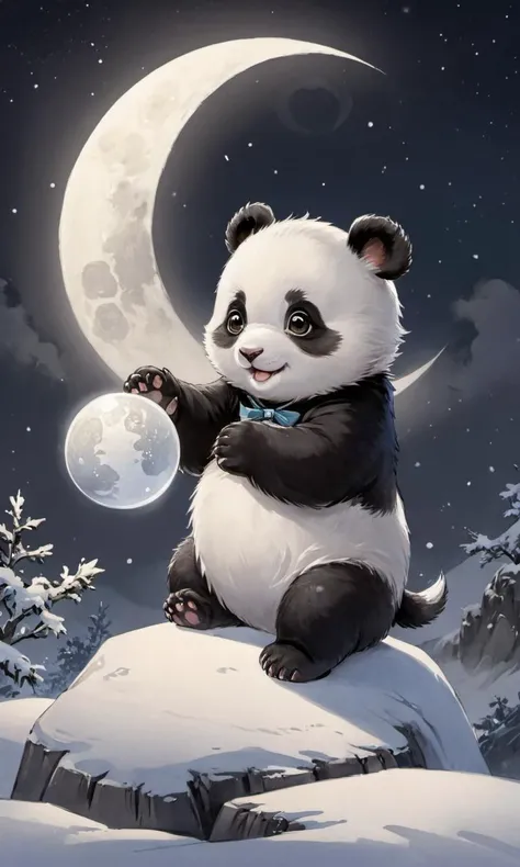 8k, masterpiece, best quality, 2D, Cinematic Lighting, (side lighting), traditional chinese ink painting, looking at viewer,
1 (white:0.5|black:0.5) (Baby:1.2)_panda, the Baby_panda is tossing up a white snow ball like a Earth, smile,
background is a big (crescent:1.2)_moon in the night sky,
ink, <lora:watercolor-ink-sketch-v1:0.3>,