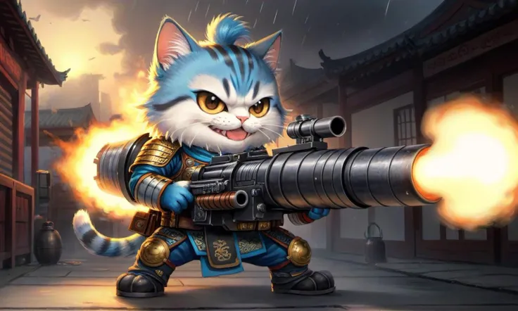 Cinematic Lighting, (side lighting),4k, masterpiece, best quality, 2D, light shadow, HDR, camera 200mm, chibi, traditional chinese ink painting, Glossy,reflective,Strong reflection, 
1monsters like bird cat,  (laugh:1.7), big head, Facing sideways, it was Carrying a big_Gatling Gun, (the Gatling Gun is shooting:1.2),
it was with big cat's eye, BREAK cyan Woven rope, BREAK silver ball, it was weared CHINESE_ARMOR, 
background is gallery at night, river, fog, (misk:1.4),(rain:1.5), (fly ashes:1.7),<lora:CHINESE_ARMOR:0.5>, ink, <lora:watercolor-ink-sketch-v1:0.3>