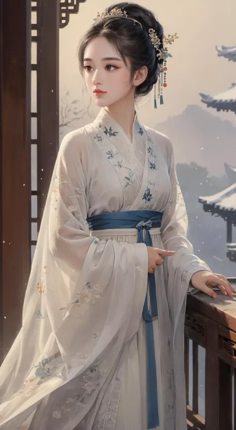 (dramatic_shadow:1.2), intense_deep_shadows, ray_tracing, Cinematic Lighting, (side lighting), masterpiece, best quality, highly detailed, sharp focus, dynamic lighting, vivid colors, texture detail, particle effects, storytelling elements, narrative flair, 16k, HDR, subject-background isolation, 2D, (Authentic skin texture:1.3),traditional chinese ink painting,
1 girl, perfect face, perfect hand, Hands clasped together, white chinese traditional (transparent:1.2) clothing, , Looking up at the sky, background is snow,