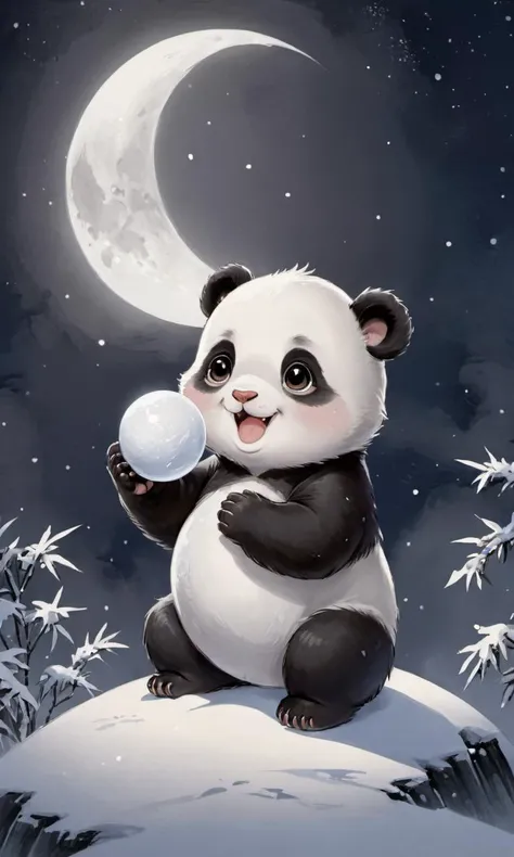 8k, masterpiece, best quality, 2D, Cinematic Lighting, (side lighting), traditional chinese ink painting, looking at viewer,
1 (white:0.5|black:0.5) (Baby:1.2)_panda, the Baby_panda is lifting up a white snow ball, smile,
background is a big crescent_moon in the night sky,
ink, <lora:watercolor-ink-sketch-v1:0.3>,