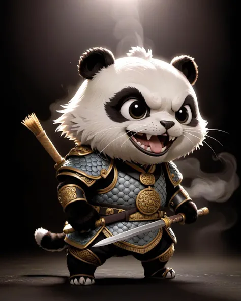 Cinematic Lighting, (side lighting), 4k, masterpiece, best quality, 2D, light shadow, HDR, camera 200mm, chibi, (traditional chinese ink painting:0.1), 
1 baby_monsters like bird cat panda,  (laugh:1.2), (itâs head very big:1.7),
it was with big cat's eye, BREAK cyan Woven rope, BREAK silver ball, it was weared very dirty CHINESE_ARMOR, it was holding a spear, 
black background, background is reeds, gallery at (night:1.5), river, (fog, smoke, (mist:1.5),rain:1.2), Qinjia, <lora:CHINESE_ARMOR:0.5>,
ink,  ,<lora:watercolor-ink-sketch-v1:0.4>
