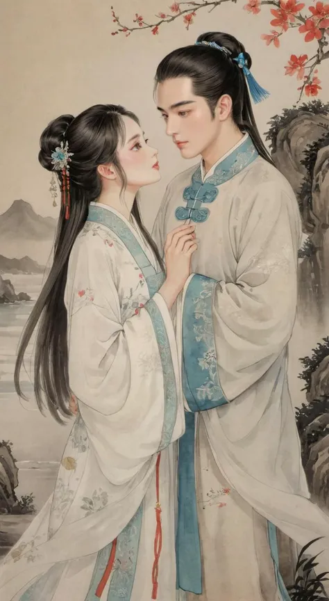 masterpiece, best quality, highly detailed, sharp focus, dynamic lighting, vivid colors, texture detail, particle effects, storytelling elements, narrative flair, 16k, HDR, subject-background isolation, 2D, (Authentic skin texture:1.3), traditional chinese ink painting,
1 girl with perfect face, 1 boy with handsome face, the boy have a long hair, the girl is wearing white chinese traditional (transparent:1.2) clothing, the boy was stand up at same height level side of the girl, the boy's hand is holding the girl's hand, perfect hands, (the boy is (kissing:1.3) the girl:1.2), background is sea, (they are looked at each other:1.4)
ink, <lora:watercolor-ink-sketch-v1:0.2>