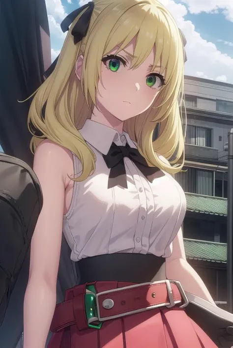 estellerosenthal, <lora:esther rosenthal acc1-lora-nochekaiser:1>, 
esther rosenthal, long hair, blonde hair, (green eyes:1.5), mole, mole under eye, black ribbon, black bow, hair ribbon,
BREAK skirt, shirt, thighhighs, gloves, bow, ribbon, bare shoulders, white shirt, sleeveless, belt, black thighhighs, miniskirt, bowtie, sleeveless shirt, red skirt, garter straps, red gloves, high-waist skirt, pink gloves,
BREAK outdoors, city, sun, sky, clouds,
BREAK looking at viewer, (cowboy shot:1.5),
BREAK <lyco:GoodHands-beta2:1>, (masterpiece:1.2), best quality, high resolution, unity 8k wallpaper, (illustration:0.8), (beautiful detailed eyes:1.6), extremely detailed face, perfect lighting, extremely detailed CG, (perfect hands, perfect anatomy),
