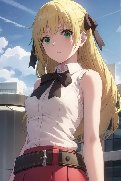 estellerosenthal, <lora:esther rosenthal acc1-lora-nochekaiser:1>, 
esther rosenthal, long hair, blonde hair, (green eyes:1.5), mole, mole under eye, black ribbon, black bow, hair ribbon,
BREAK skirt, shirt, thighhighs, gloves, bow, ribbon, bare shoulders, white shirt, sleeveless, belt, black thighhighs, miniskirt, bowtie, sleeveless shirt, red skirt, garter straps, red gloves, high-waist skirt, pink gloves,
BREAK outdoors, city, sun, sky, clouds,
BREAK looking at viewer, (cowboy shot:1.5),
BREAK <lyco:GoodHands-beta2:1>, (masterpiece:1.2), best quality, high resolution, unity 8k wallpaper, (illustration:0.8), (beautiful detailed eyes:1.6), extremely detailed face, perfect lighting, extremely detailed CG, (perfect hands, perfect anatomy),