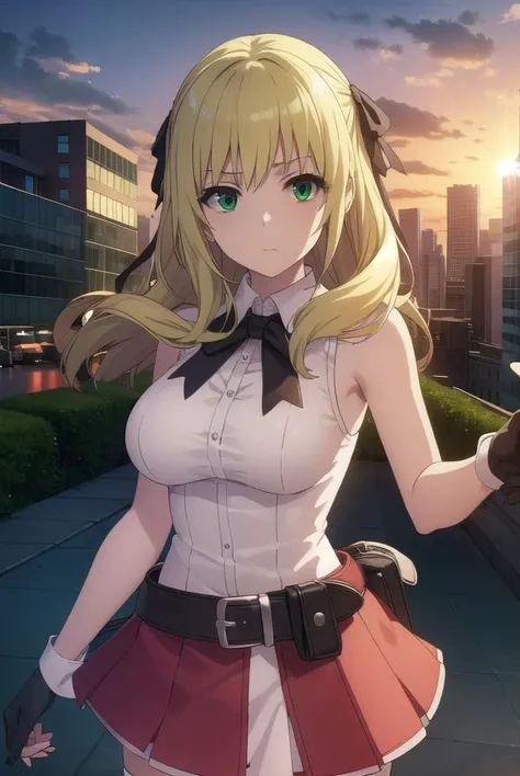 estellerosenthal, <lora:esther rosenthal acc1-lora-nochekaiser:1>,
esther rosenthal, long hair, blonde hair, (green eyes:1.5), mole, mole under eye, black ribbon, black bow, hair ribbon,
BREAK skirt, shirt, thighhighs, gloves, bow, ribbon, bare shoulders, white shirt, sleeveless, belt, black thighhighs, miniskirt, bowtie, sleeveless shirt, red skirt, garter straps, red gloves, high-waist skirt, pink gloves,
BREAK outdoors, city, sun, sky, clouds,
BREAK looking at viewer, (cowboy shot:1.5),
BREAK <lyco:GoodHands-beta2:1>, (masterpiece:1.2), best quality, high resolution, unity 8k wallpaper, (illustration:0.8), (beautiful detailed eyes:1.6), extremely detailed face, perfect lighting, extremely detailed CG, (perfect hands, perfect anatomy),