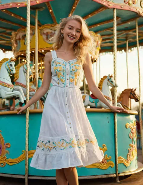 Amidst the setting sun's warm glow, Evie stands radiant on the nostalgic vintage carousel with its turquoise walls, her bright blonde hair swaying in the gentle breeze; she wears a flowy white sundress embellished with intricate yellow embroidery, her feet clad in comfortable denim boots, capturing the essence of happiness as she gazes down at her clasped hands and smiles into the distance. <lora:lrvxgs18f536767e0mb25:1>