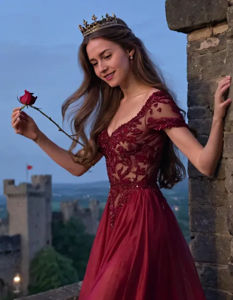 Evie, a lone woman adorned in a regal gown and delicate crown, stands on the castle walls with her long, flowing brown hair gently dancing in the evening breeze as she gazes intently at a distant viewer, her realistic smile softly playing across her lips while holding a crimson rose. <lora:lrvxgs18f536767e0mb25:1>