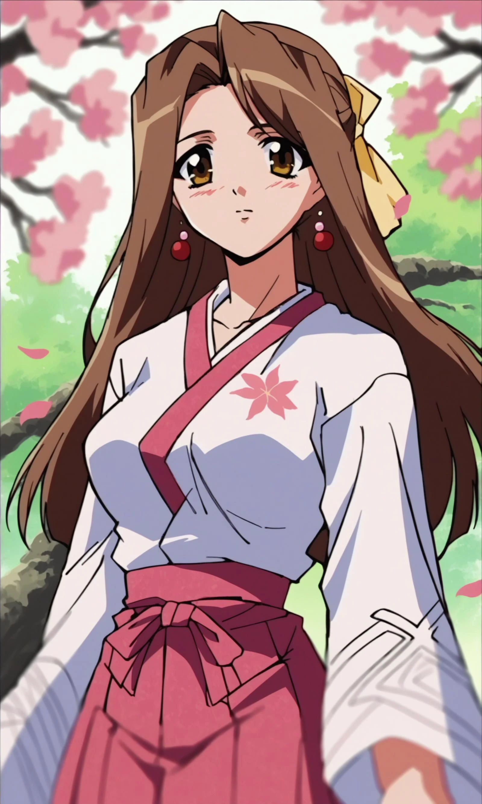 (score_9,score_8_up,score_7_up),source_anime,
1990s anime, 1girl, solo, long hair, close up face, pink hakama, cherry blossoms, floral print, looking at viewer, outdoors, wide sleeves, long sleeves, flower, brown hair, brown eyes, blush, standing, earrings, tree, day, pink flower, jewelry, medium breasts, floating hair, yellow eyes, hand up, flower earrings, branch, sidelocks, spring (season), :d, falling petals, feet out of frame, sunlight, hair ribbon, cowboy shot, blurry,