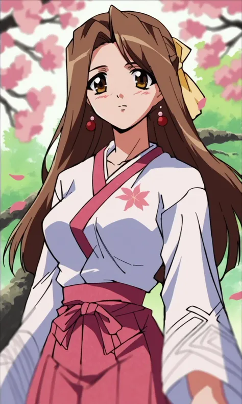 (score_9,score_8_up,score_7_up),source_anime,
1990s anime, 1girl, solo, long hair, close up face, pink hakama, cherry blossoms, floral print, looking at viewer, outdoors, wide sleeves, long sleeves, flower, brown hair, brown eyes, blush, standing, earrings, tree, day, pink flower, jewelry, medium breasts, floating hair, yellow eyes, hand up, flower earrings, branch, sidelocks, spring (season), :d, falling petals, feet out of frame, sunlight, hair ribbon, cowboy shot, blurry,