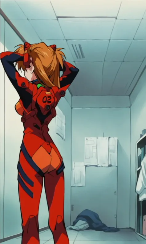 (score_9,score_8_up,score_7_up),source_anime,
1990s anime,1girl,souryuu asuka langley,neon genesis evangelion,solo,indoors,changing room,arms behind head,cowboy shot, interface headset,red bodysuit,