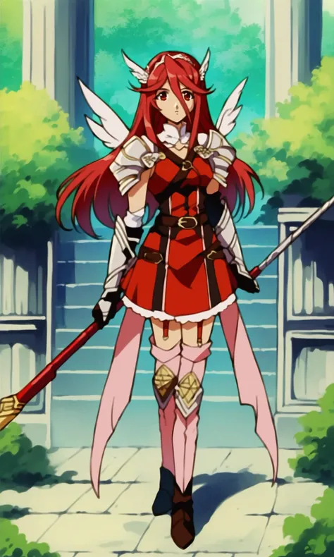 (score_9,score_8_up,score_7_up),source_anime,
1990s anime,1girl,cordelia \(fire emblem\),fire emblem,fire emblem awakening,red hair,red eyes,long hair,hair between eyes,wing hair ornament,pegasus knight uniform \(fire emblem\),red short dress,sleeveless,gauntlets,red elbow gloves,shoulder armor,belt,zettai ryouiki,garter straps,pink thighhighs,red thigh boots,standing,cowboy shot,looking at viewer,holding polearm,brave lance,outdoors,