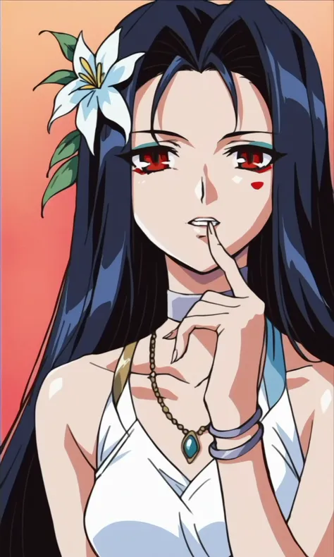 (score_9,score_8_up,score_7_up),source_anime,
1girl, multicolored eyes, solo, flower, jewelry, red background, long hair, necklace, bracelet, hair flower, black hair, looking at viewer, hair ornament, simple background, upper body, teeth, multicolored hair, blunt bangs, finger to mouth, hand up, collarbone, makeup, choker, fingernails, parted lips, eyeshadow, red eyes, blue hair, white flower, gradient eyes, camellia, bare shoulders, branch, finger in own mouth, facial mark, leaf