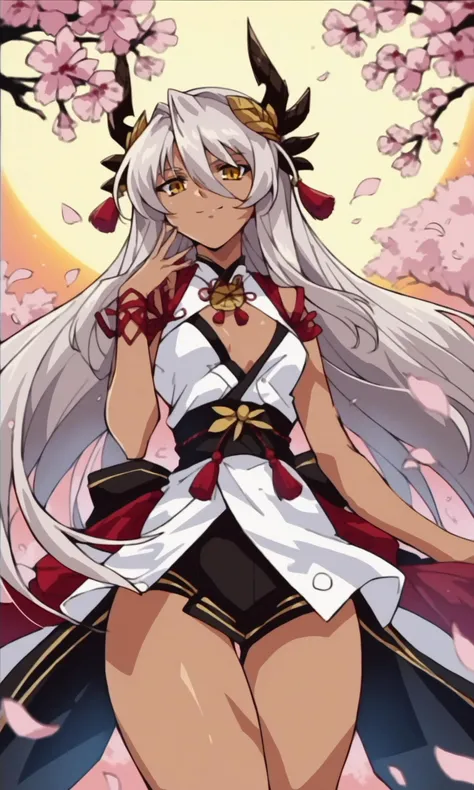 (score_9,score_8_up,score_7_up),source_anime,
1 girl,Melusine,Fate Grand Order,alone,looking at viewer,smile,small breasts,gray hair,hair between eyes,yellow eyes,bangs,long hair,dragon horns,Cherry blossoms,sun tan,dark skin,tan skin,big thighs,