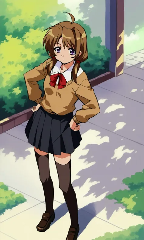 (score_9,score_8_up,score_7_up),source_anime,
1990s anime,1girl, solo, play(djmax), standing, purple eyes, low twintails, ahoge, brown hair, small breast, brown sweater, red ribbon, black skirt, black thighhighs, loafers, hand on own hip, looking at viewer,