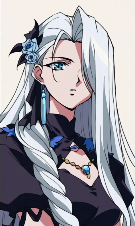 (score_9,score_8_up,score_7_up),source_anime,
1990s anime,1girl,long hair,very long hair,white hair,braid,hair over one eye,braided ponytail,braided bangs,one eye covered,side locks,beautiful eyes,lilac eyes,black dress,proposal,jewelry,solo focus,