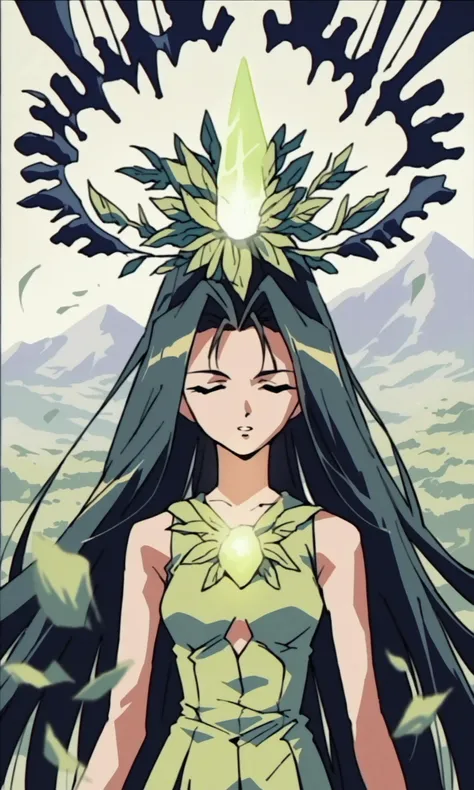 (score_9,score_8_up,score_7_up),source_anime,
1990s anime,1girl,solo,scenery,magic,concentrating,closed eyes,facing viewer,floating hair,upper body,
very long hair,sleeveless dress,small breasts,skinny,glowing gem,parted lips,
open hands,