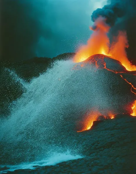 molten lava, arms reaching up, lava splash, smoke, menacing, high Contrast , contax T2, cinestill 800t, portra 400, hi resolution, 8k, detailed, realistic, sharp
