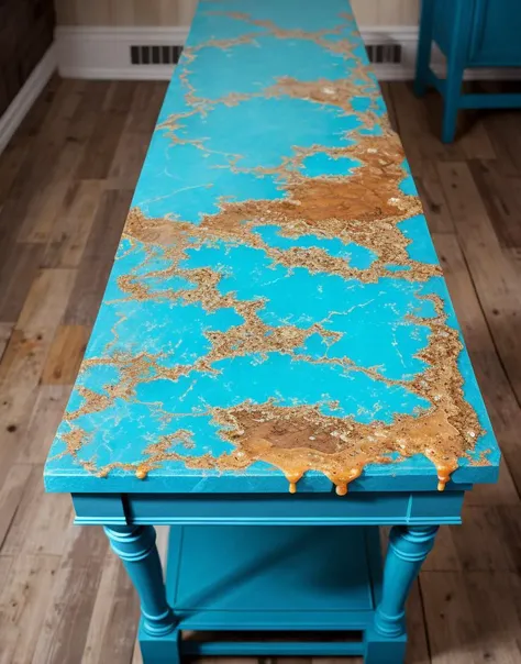 on pedestal, woodplank texture, painted blue with weathered cracking flaking peeling paint, showing wood, marble table, liquid splashes, merging, melting, splashing, droplets, mixing, exploding, swirling, intricate detail, dramatic lighting. 8k,trending artstation, Slpash