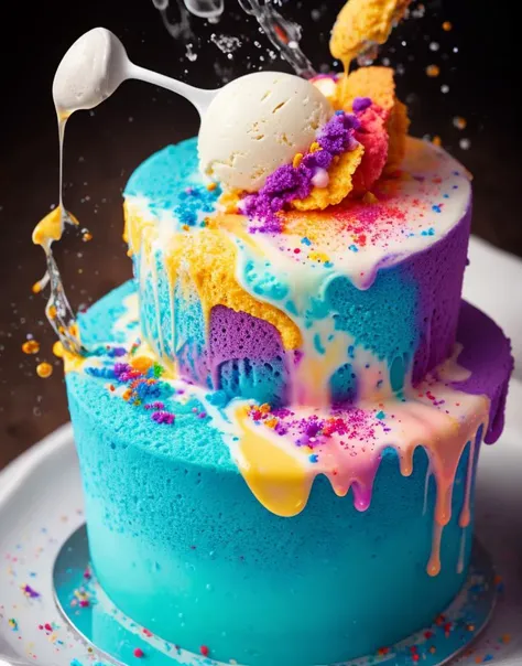 a ice cream, cake, liquid made of liquid splashes, merging, melting, splashing, droplets, mixing, fading away, exploding, swirling, intricate detail, modelshoot style, dreamlikeart, dramatic lighting. 8k, highly detailed, trending artstation