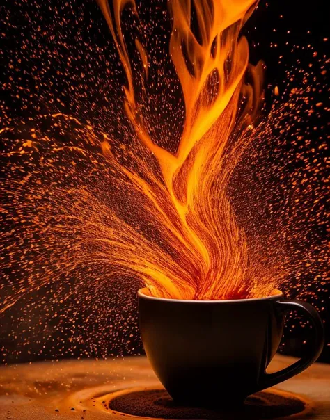 cup, latte art of maximal coffee, violently erupting out of kintsugi black lava pink rock coffee cups, rims glowing hot, molten red coffee lava splashing and overflowing out of the cup, volumetric dust particles, exploding lava, steam, floating celestial, bokeh, night, moonlight, moonbeams, surreal, magic dust