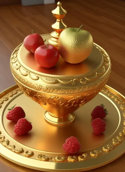 abstract, fuit, gold ornate, 3D, 8k, HD, in table