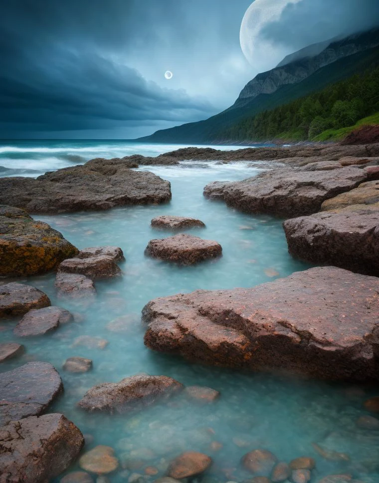 a storm, thunder light, atmosphere, rainy day, dynamic, lut, hdr , waning moon. flowers roses, stones transparent and diamond crystal in water, on the beach, fantasy, smoke , photo, HD, 8K ,