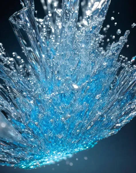 glass, masterpiece, 3d render, liquid splashes, powerfull, dynamic, splashing, exploding, intricate detail, dramatic lighting, highly detailed,abstract, fading away