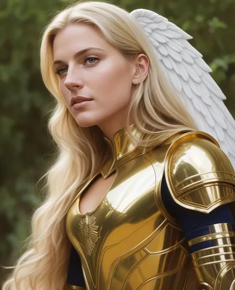 (Cinematic Photo:1.3) of (Realistic:1.3),(Peaceful:1.3) angel warrior in armor gold in ornaments, hair blonde, realistic, photo, elegant, Kodak, portra 400, 8k, soft light, volumetric lighting, highly detailed, style 3/4, portrait photo close-up portrait photography of a beautiful woman, by Alan Lee, Aleksi Briclot, Daniel Gerhartz, Alex Horley-Orlandelli, Alex Ross .Highly Detailed