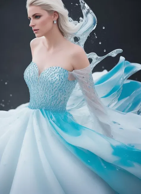 a dress ice, liquid splashes, merging, melting, splashing, droplets, mixing, fading away, exploding, swirling, intricate detail, modelshoot style, dreamlikeart, dramatic lighting. 8k, highly detailed, trending artstation