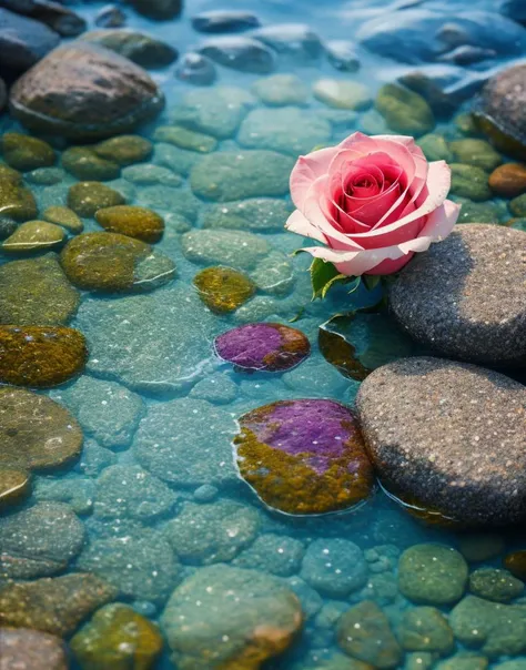 flowers, rainy day, dynamic, lut, hdr , waning moon. flowers roses, stones transparent and diamond crystal in water, on the beach, fantasy, smoke , photo, HD, 8K ,