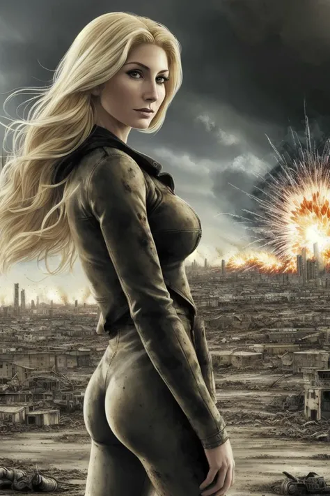 comic style, thick outlines, (masterpiece, best quality), ((blonde woman, Elizabeth Mitchell:0.9)), (looking at viewer, explosion, dirty, weathered), shattered, wasteland, dark mood, cloudy sky, post-apocaliptic, comic stripes