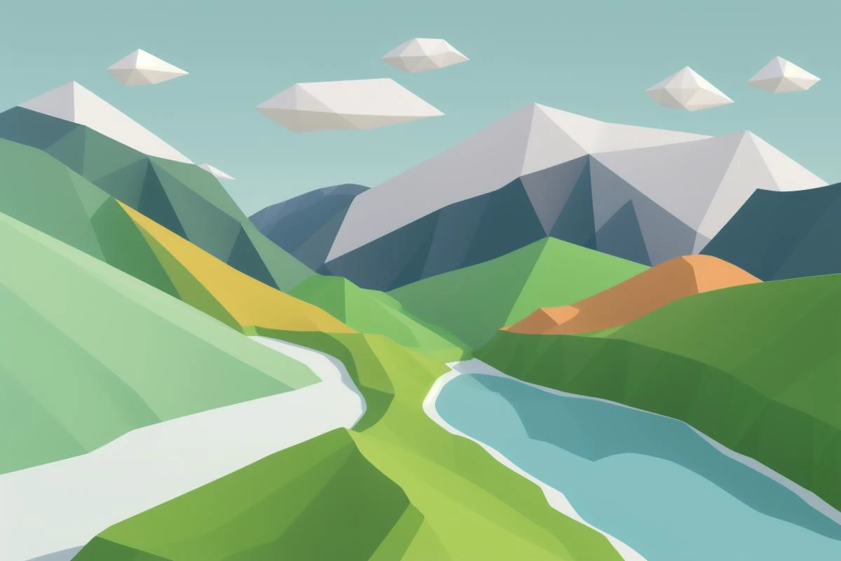 low-poly style of a lush summer landscape with hills a stream and a lake, white background with negative space, negative space, vibrant colors