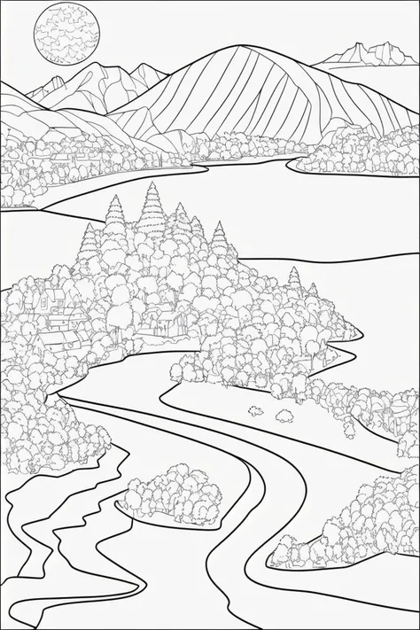 coloring page, b&w, line art, landscape