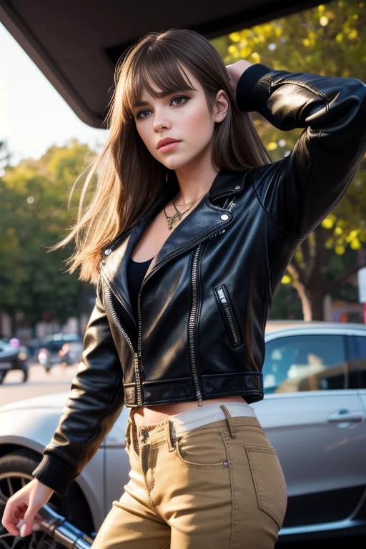 a woman on the road dressed in urban style, road, street, outdoor, crowds, land vehicle, motorcycle, motorcycle approach, vehicle approach, riding motorcycle, riding motor vehicle, best quality, 1girl, blurred background, bokeh, black jacket, leather jacket, sexy, (large scar on left cheek), necklace, urban pants, gorgeous, angry face, golden eyes, long hair,floating hair, bangs, light brown hair, soft lighting, shiny skin, long legs, muscular female, tall female, very long hair, slim waist, slim girl ,tall girl, race queen, 8k, ultra realistic, lens flare, atmosphere, glow, detailed, intricate, full of colour, cinematic lighting, trending on artstation, 4k, hyperrealistic, focused, extreme details, unreal engine 5, cinematic, Masterpiece, best quality