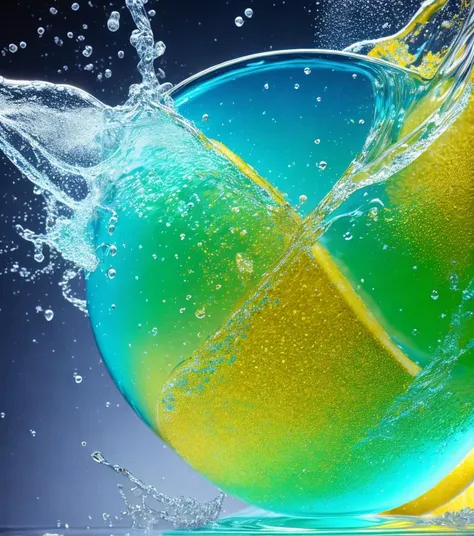 abstract, photorealistic,lemon in water LIQUID SPLASH colours , fluid, 3D BEEPLE STYLE, 8 k, 32 k, HDR, realistic, in glitter,  smoke